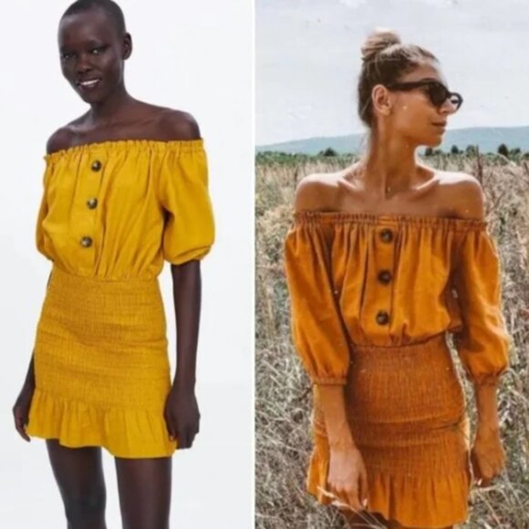 Zara Linen Off the Shoulder Smocked Dress Mustard Yellow Sz M Mini - Picture 1 of 14